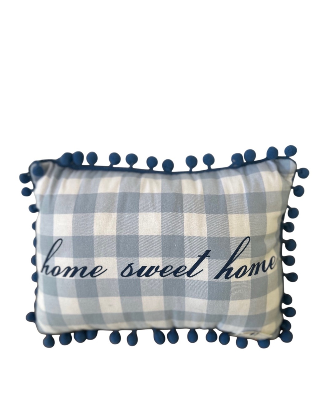 NWT Blue Gingham Home Sweet Home Lumbar Pillow 9x13 Pom Pom Trim